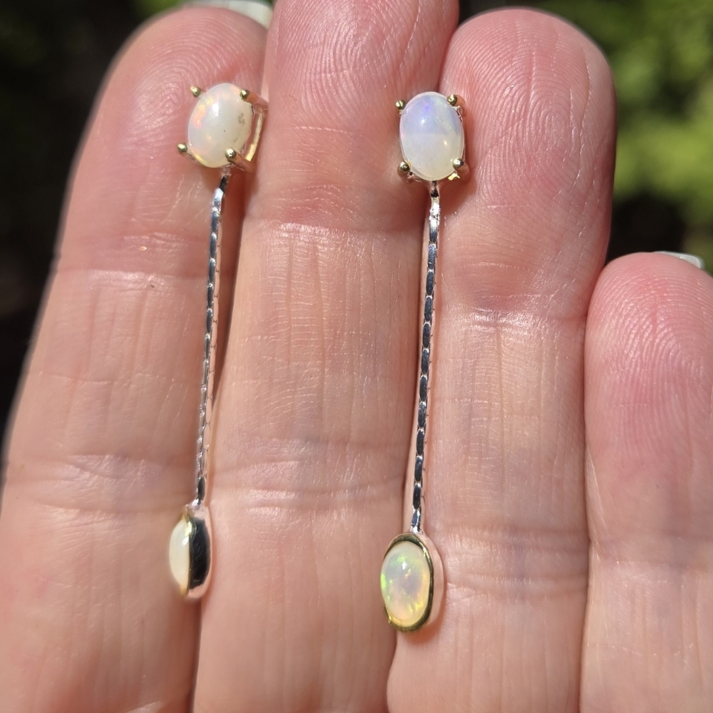 Opal Natural Gemstone Sterling & Gold Earrings 6k - Picture 5 of 11